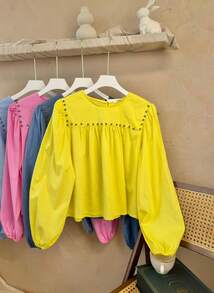 Hermiss Plain Blouse With A Round Neck Decorated With Studs On The Upper Part And Long Elasticated Sleeves. One Size Fits S/M. New Autumn/Winter Collection. Estimated Delivery 1-3 Business Days (Mainland Spain). - Yellow - View 6