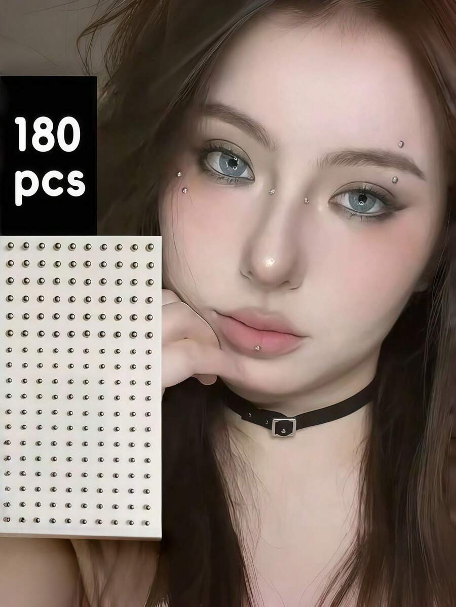 一套180件防水假穿孔饰品，包括自粘唇环、眉环、鼻环和肚脐环 - 彩色 - 查看 1