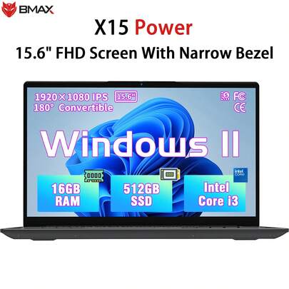 BMAX Laptop X15 Power | Windows 11 | 15,6" FHD IPS con cornice stretta | Core i3 | 16 GB di RAM + 512 GB di SSD | Tastiera completa | Ampio touchpad | Apertura a 180° | Laptop sottile e leggero per lavoro e studio