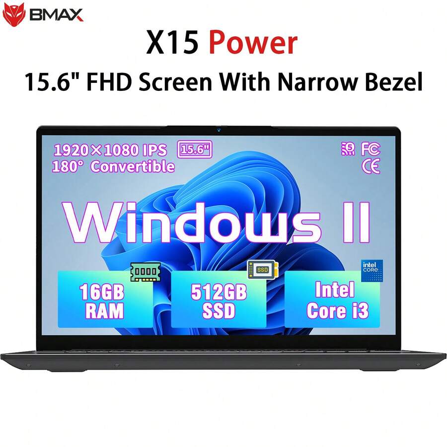 BMAX X15 Power Laptop | Windows 11 | 15.6" FHD IPS Narrow Bezel | Core I3 | 16GB RAM + 512GB SSD | Full Keyboard | Large Touchpad | 180° Opening | Thin And Light Laptop For Work And Study - 查看 1