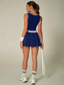 UONNOU Tennis Dress With Built-In Shorts, Contrast Trim V-Neck Fitness Dress With Ball Pockets - Navy Blue - View 1