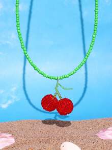 1pc Handmade Beaded Necklace With Coconut Tree, Pineapple, Starfish Pendants In Pink & Green, Colorful Y2K Minimalist Personalized Beach Jewelry - Multicolor - View 13