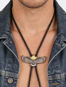 1pc Versatile Western Cowboy Style Necklace For Men, Personalized Eagle & Owl Alloy Gothic Braided Leather Black Long Chain, Boyfriend/Couple Gift, Daily Wear - PU Leather Rope - View 13