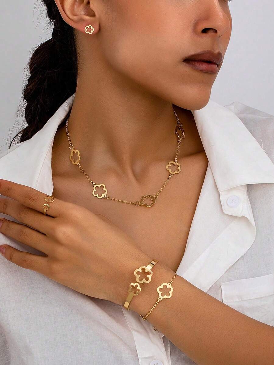 6件套优雅四叶草镂空吊坠项链、四叶草吊坠手链、四叶草开口手镯、四叶草开口戒指、四叶草耳环，适合女士日常及节日装扮。 - 金黃色 - 查看 1