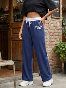 Women's Baggy Sweatpants Stylish Letter Print Mid Rise Wide Leg Drawstring Trousers For Fall And Winter - Azul Marino - Ver 2