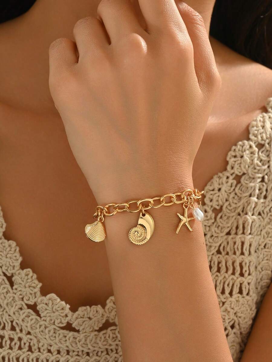1pc Beach Vacation Ocean Style Metal Alloy Shell & Starfish Faux Pearl Multi-Pendant Bracelet, Versatile For Daily Wear, Beach Date, Party, Music Festival. Handmade Chain Length Customizable - Multicolor - View 1