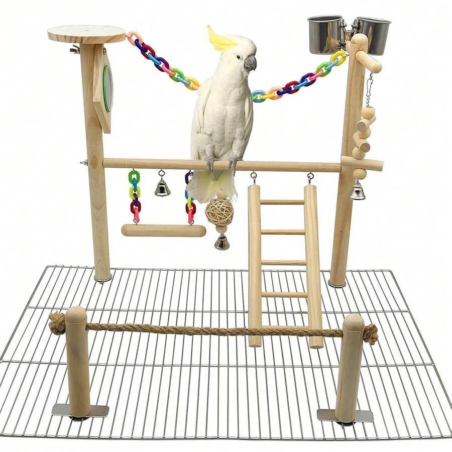 Bird Playground Top Cage, Parrot Gym Hanging Chewing Toys, Cage Top Play Stand For Conure, Parakeets, Budgie, Cockatiels, Lovebirds, Wood Perch Toys - 放 - 查看 1