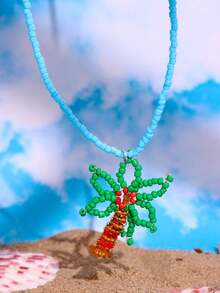 1pc Handmade Beaded Necklace With Coconut Tree, Pineapple, Starfish Pendants In Pink & Green, Colorful Y2K Minimalist Personalized Beach Jewelry - Multicolor - View 14