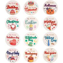 12张婴儿节日里程碑双层卡片，我的第一个节日里程碑标志，木质圆盘公告牌，新生儿拍照道具，适合婴儿派对用品和礼物 - 彩色 - 查看 7