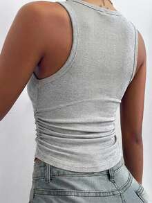 ChicMe Canotta da donna con collo rotondo, senza maniche, con pieghe laterali e texture, modello aderente, moda classica, casual, adatta per tutte le stagioni, estiva - Grigio - Visualizzare 3