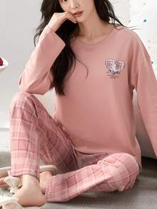 女士圆领睡衣两件套，长袖上衣和长裤，柔软舒适，适合春秋季穿着 - 粉色 - 查看 4