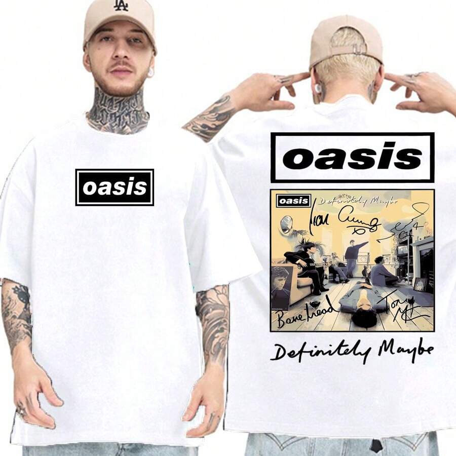 Oasis Definitely Maybe Debut Album T-Shirt - English Rock Band - Basic Oversized Unisex Shirt - Branco quá khổ - Xem 1