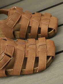 Kids' Solid Color Woven Non-Slip Soft Bottom Hook And Loop Retro Fashion Sandals, Suitable For Beach Play In Summer - Brown - View 6