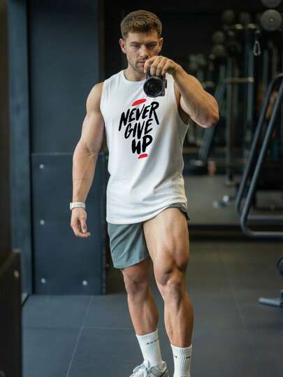 Men's Summer Fashionable "Never Give Up" Printed Tank Top, Essential For Cool Summer Days