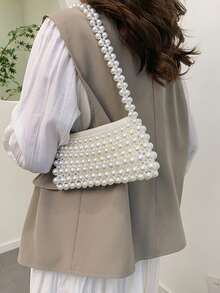 Oaoleer 1pc Women's Pearl Purse White Pearl Handbag Hobo Bag For Evening Handbag Shoulder Bag Wedding Party Bridal Clutch Purse - 彩色 - 查看 3