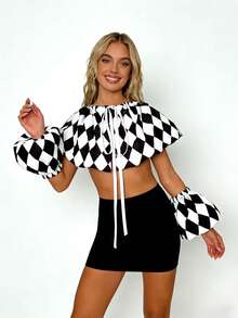 1 Set Black & White Checkerboard Detachable Collar, Clown Costume With Checkerboard Pattern Collar, Unisex Clothing Accessory - White - View 6