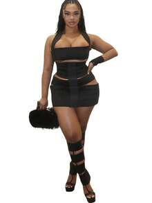 Sexy Sheer Strapless Dress For Women, Patchwork Solid-Color Tight-Necked Dress, Nightclub Party Outfits, Street Fashion - màu đen - Xem 5