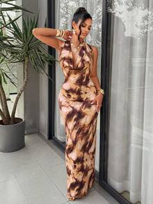 AIJ Amarilo Women'S Brown Tie-Dye Halter Maxi Dress - Cowl Neck Cutout Bodycon, Sexy Casual Beach Vacation Outfit, Summer - Brown - View 3