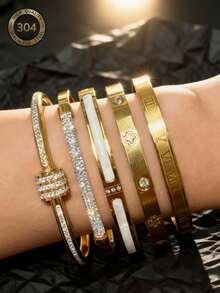 2026 New 5pcs/Set Unisex Stainless Steel Shiny Fashion Bracelet Set, Unique Design, Versatile, Exquisite And Elegant, Ideal Gift Choice. It Also Has The Feature Of Being Non-Fading. - Gold - View 3