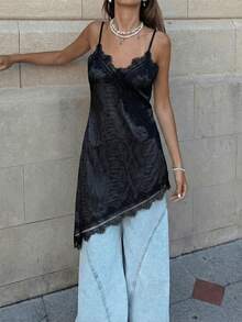 Vestido de tirantes elegante y vintage para mujer con diseño de parches de satén texturizado y encaje, adecuado para una cita en el Día de San Valentín, color negro, verano - Negro - Ver 2