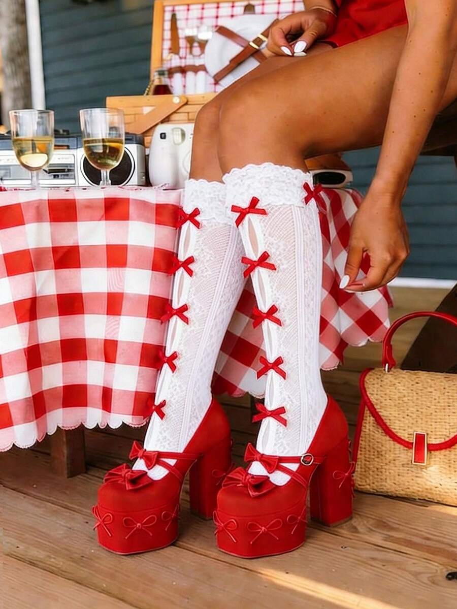 Platform Chunky Bow Heels For Women Mary Jane Heels Goth Round Toe Shoes Chunky High Heel Y2K Heels - 紅色 - 查看 1