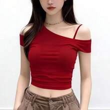 性感别致红色露肩无袖T恤，独特时尚修身女式上衣，夏季休闲款 - 紅色 - 查看 13