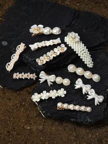 Opalesca 20pcs Women's Elegant Faux Pearl Inlaid Flower & Heart Design Hair Clips, Versatile For Daily And Party Use, Recommended Gift For Back To School Season, Claw Clips, Hair Claws, Hair Slide, Hair Barrettes, Flower Hair Accessories, Vacation Outfits Woman - Multicolor - View 1