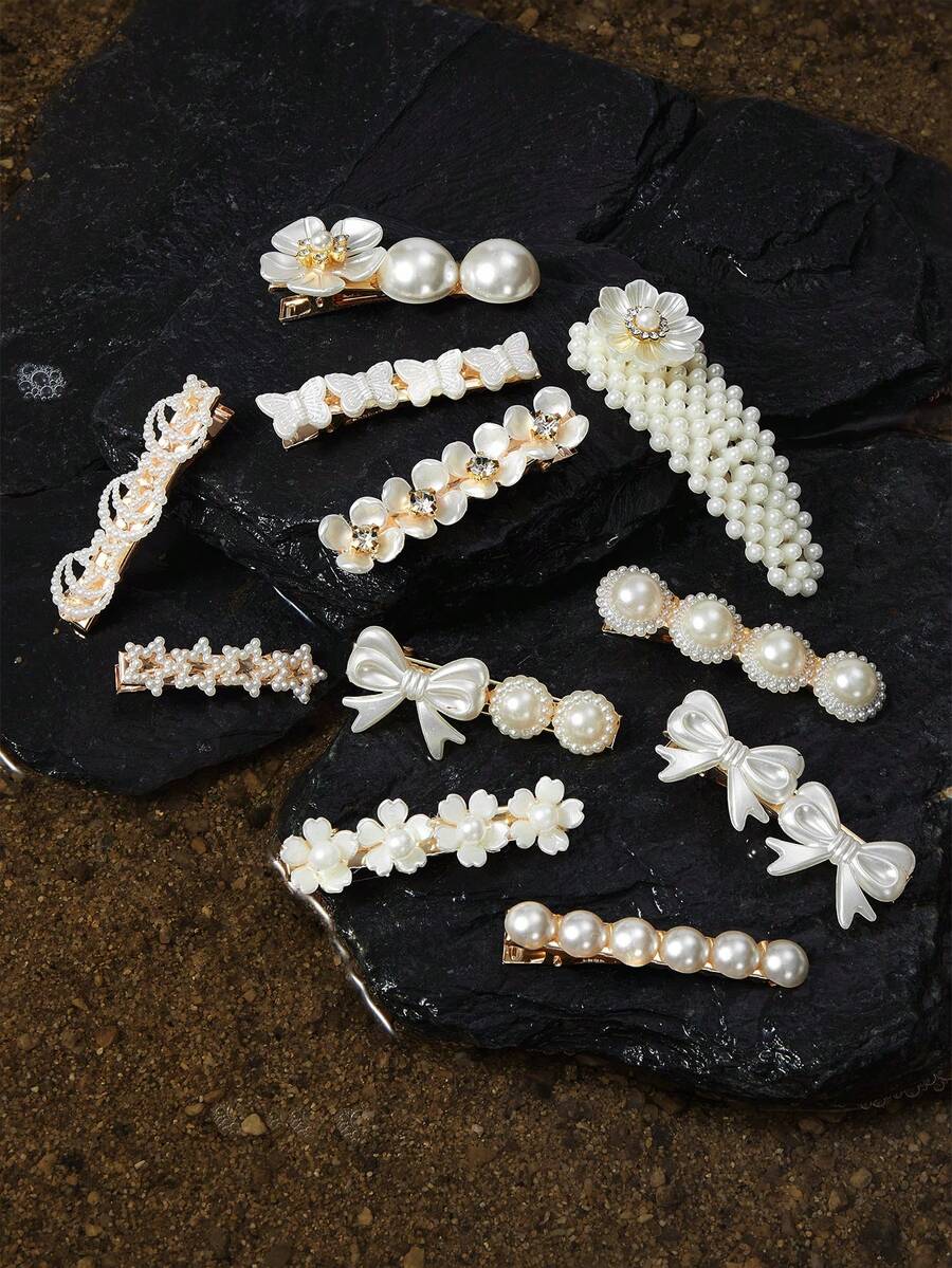 Opalesca 20pcs Women's Elegant Faux Pearl Inlaid Flower & Heart Design Hair Clips, Versatile For Daily And Party Use, Recommended Gift For Back To School Season, Claw Clips, Hair Claws, Hair Slide, Hair Barrettes, Flower Hair Accessories, Vacation Outfits Woman - Multicolor - View 1