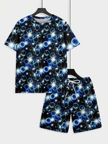 Two-Piece Colorful Knitted Fabric With Fresh & Bright Vibes, Men's Short-Sleeve T-Shirt And Beach Shorts Set For Outdoor Activities & Coastal Vacations In Summer, Multicolor Patchwork Geometric Pattern - Nhiều màu - Xem 6