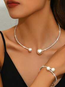 2pcs Fashionable Elegant Shiny Faux Diamond & Pearl Necklace And Bracelet Jewelry Set, Suitable For Daily, Party, Wedding - Silver - View 7