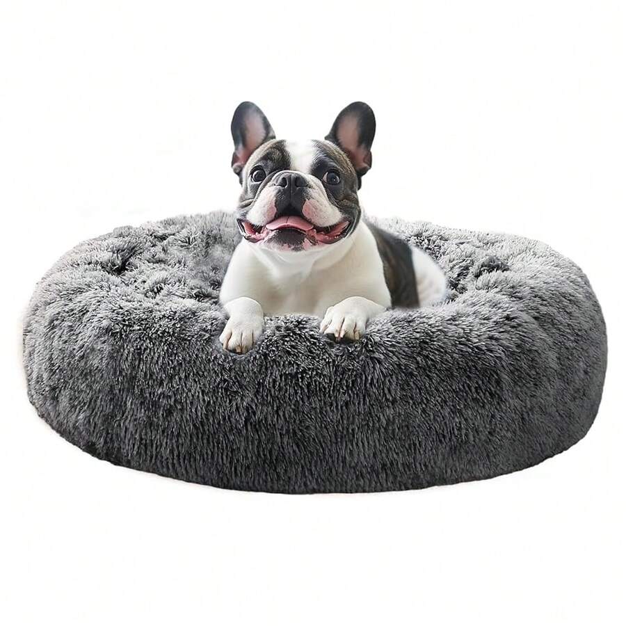 Calming Dog Bed Medium Size Dog, Anti-Anxiety Donut Medium Pet Bed, 27 Inches Fluffy Faux Fur Round Cat Bed ( Black) - DarkGrey - View 1