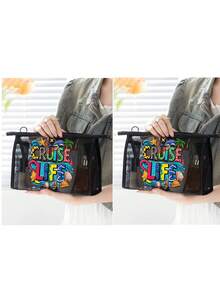 Large Capacity Mesh Bag Set, Printed With Colorful "Cruise Life" Text And Leopard Print, Decorated With Cute Beach Scene, Dolphin And Seashell On Wave Patterns, Mesh Beach Tote Bag, Mesh Cosmetic Storage Bag - Multicolor - View 16