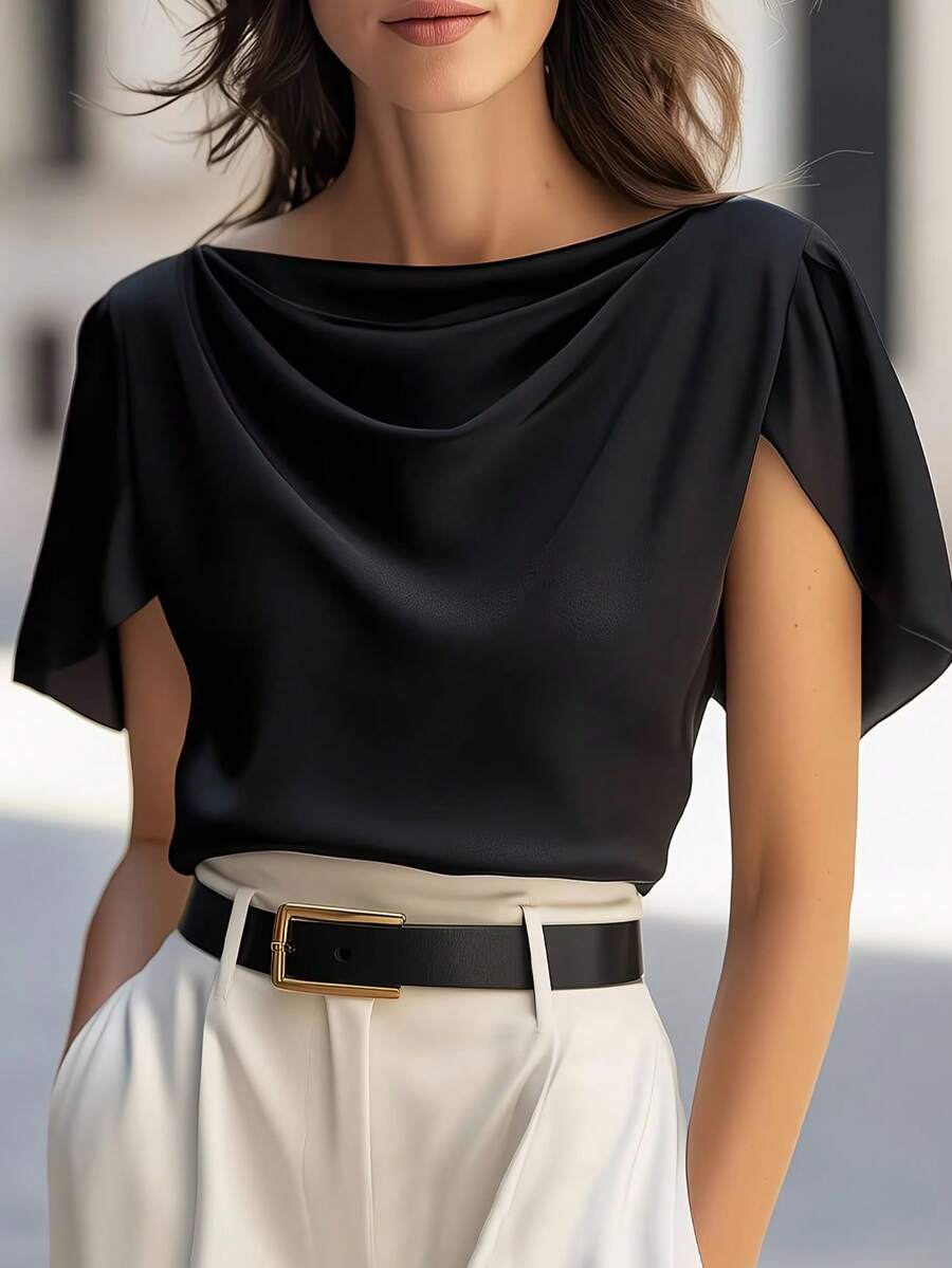 Áo sơ mi satin trơn màu, dáng suông thanh lịch, thích hợp mặc công sở vào mùa hè. - màu đen - Xem 1