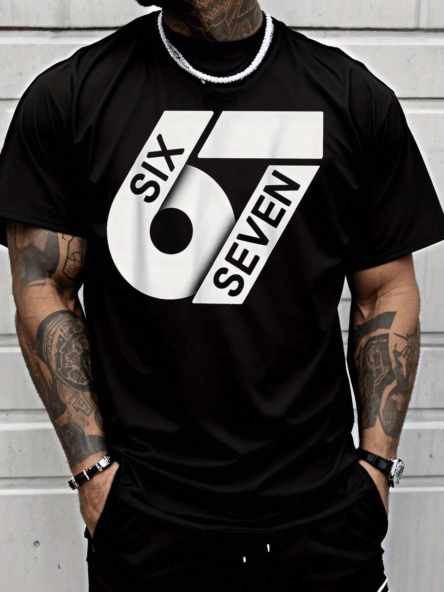 Short Sleeve Men's Fashion Street Style Casual Adults Men Crewneck Graphic T Shirt With Six Seven Number Logo Pattern All Season Casual Wear - 白色 - 查看 1