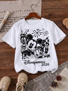 Disneyworld 2026 Mickey And Friends Sketch Fireworks Group Printed Pattern T-Shirts For Girls - Children's Clothing Design Short-Sleeved Casual And Cute Style Comfortable And Casual Wear All Year Round Suitable For Parties And Play Machine Washable Gift Children's Clothing Girls' Short-Sleeved Shirts - White - View 2