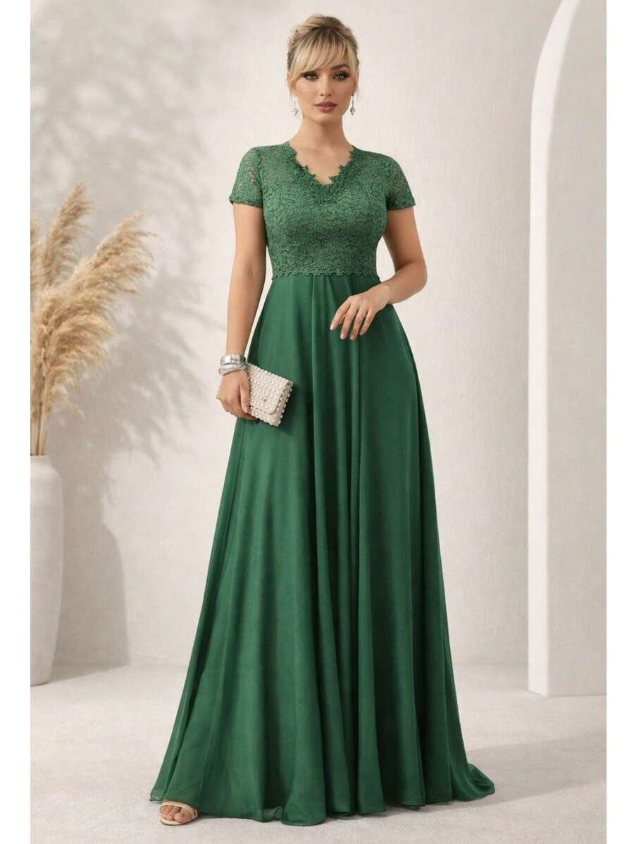 Bridesmaid Dress For Evangelical Congresses, Short Sleeves, Discreet Pattern - 橄欖綠 - 查看 1