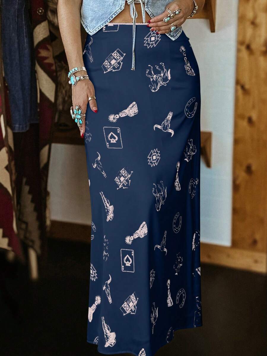 Acelitt 女款海軍藍西式野馬印花緞面休閒緊身迷你裙，四季度假適用 - 藏蓝色 - 查看 1