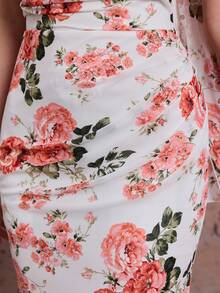 Đầm maxi dáng đuôi cá không dây vai bằng chiffon in hoa Mgiacy kèm khăn choàng, trang phục dạ hội thanh lịch dành cho khách dự đám cưới, tiệc mùa hè, kỳ nghỉ và lễ hội. - Hồng - Xem 10