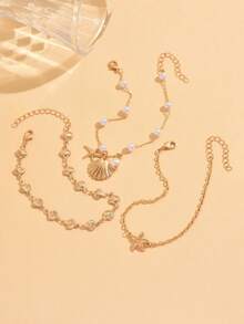 3pcs/Set Romantic Vacation Ocean Style Handmade Shell Decor Anklet, Featuring Seashell, Starfish Pendants, Versatile Gold Tone Anklet Set Suitable For Women Daily Wear, Beach Party, Date. The Handmade Chain Length Can Be Customized, Faux Pearl And Shell Bead Quantity Is Random. - Gold - View 3