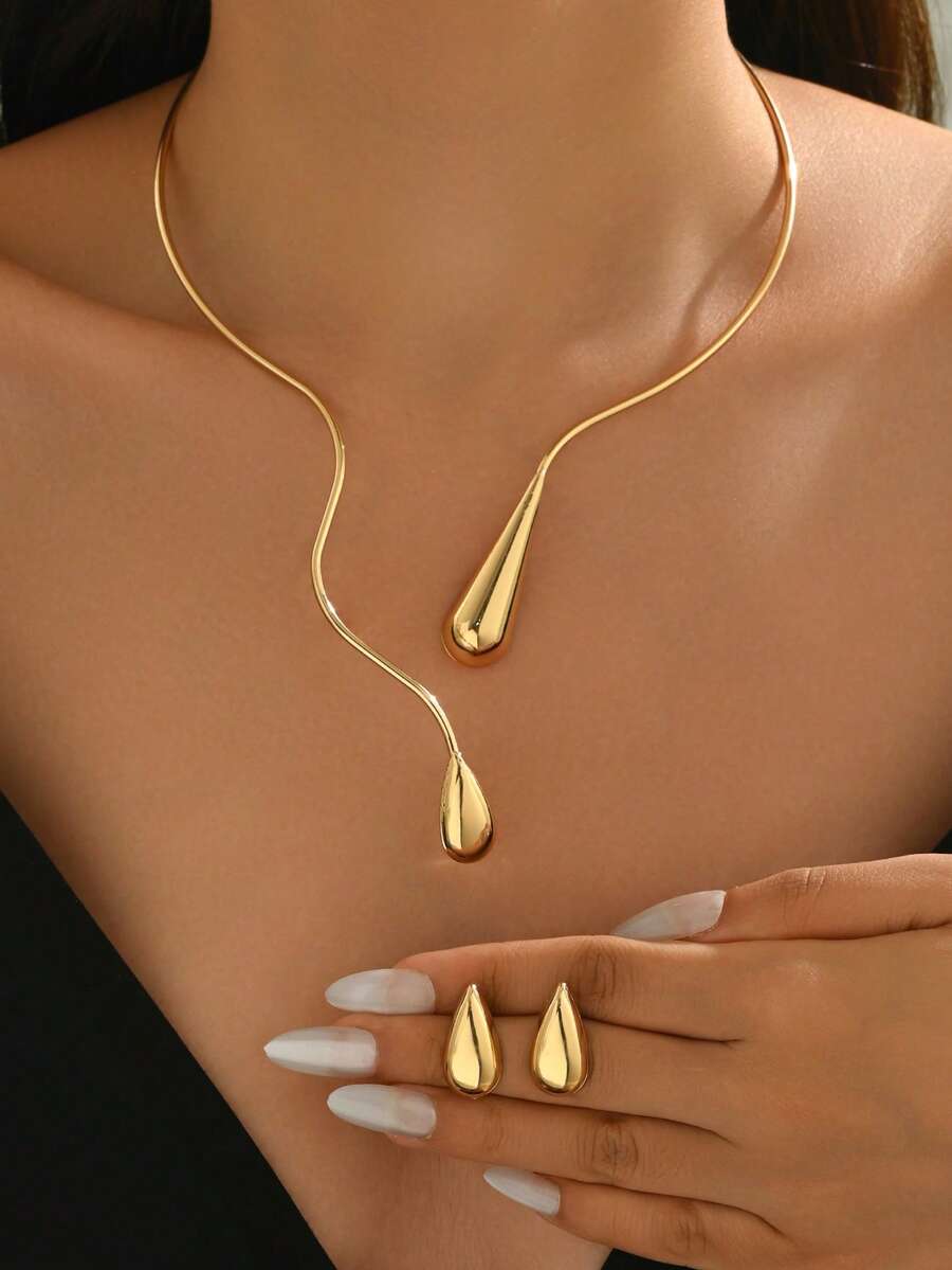 1 Conjunto 3pcs Gargantilha Brincos Colar Gota de Água Vintage Elegante Moda Conjunto de Joias, Conjunto de Gargantilha Brincos Gota de Água Aberto Simples Versátil Incrustado Adequado para Uso Diário, Banquete, Festa de Mulheres