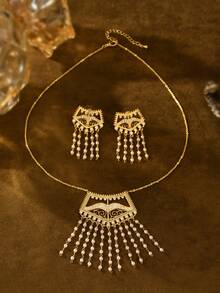 3pcs/Set Vintage Hollow Carved Copper Plated Gold Faux Pearl Tassel Necklace & Earrings Set, For Women Wedding Party Holiday Accessories - Yellow Gold - View 5