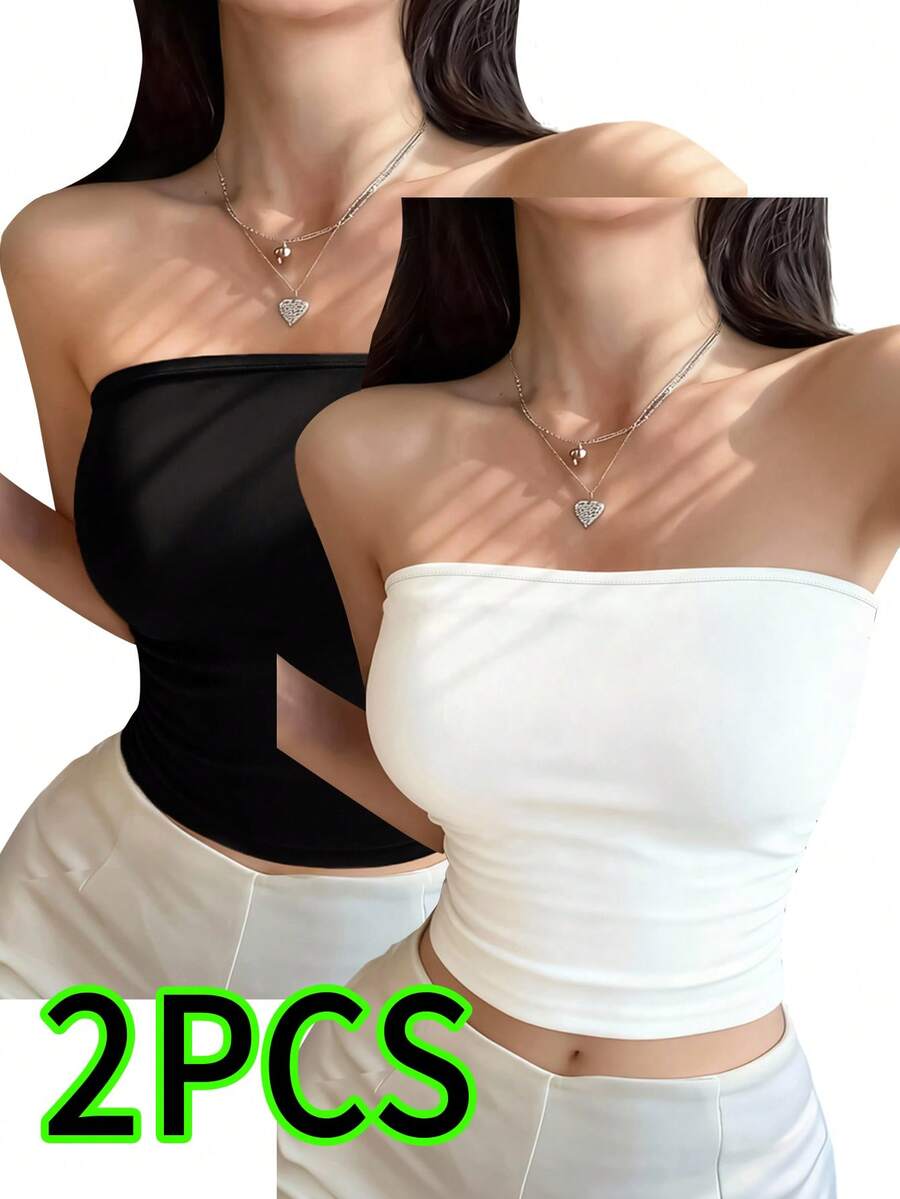 2pcs Women's Summer New Solid Color Bandeau, Casual Versatile Backless Fitted Cropped Top, Fashionable Daily Wear - Multicolor - View 1