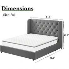 Full Bed Frame With Velvet Button-Tufted Headboard , Upholstered Bed Frames, Soft Fabric, Button Tufted Headboard With Windback, Curved Wingback Design,  Queen Bed Frame/ King Bed Frame/ Full Size Bed Frame, Pink/ White/ Grey - 灰色 - 查看 8