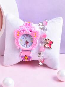 2pcs/Set Creative Rotating Butterfly Dial Watch, Fashion Quartz Wrist Watch & Bracelet For Girls - Pink - View 3