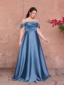 Vestido de dama de honor elegante de talla grande Mgiacy, con cuello, tirantes de espagueti, dobladillo con volantes, decoración de perlas, satén, gasa, adecuado para baile, boda, fiesta, invitado de boda, gala nocturna, vestido de fiesta elegante para mujer, vestido maxi elegante para mujer, vestido de verano primavera - Neblina azul - Ver 4