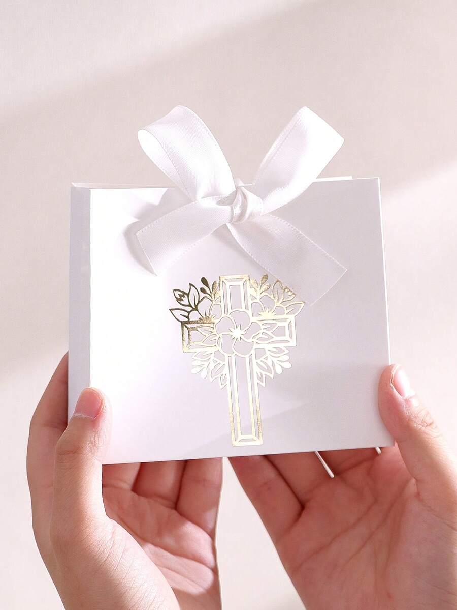 5pcs Christian Easter Gift Boxes With Gold Cross & Floral Patterns, Tied With Ribbons And Wrapped In Religious Themes, Suitable For Easter, First Communion, Baptism And Wedding Favors - Multicolor - View 1