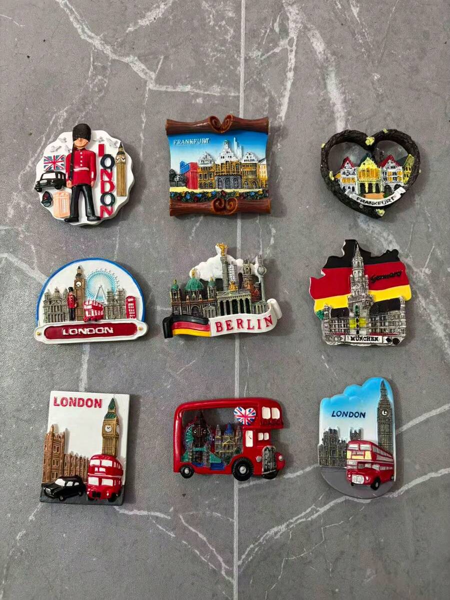 1 pieza Imán de nevera con relieve 3D de monumentos emblemáticos, con el Portón de Brandeburgo de Berlín y el Big Ben de Londres en relieve de resina, complementado con un autobús vintage, edificios coloridos y elementos de banderas nacionales, en tonos cálidos y con brillo metálico, que sirve como colección de estilo europeo y decoración para el hogar, adecuado para cafeterías, librerías, posadas, oficinas y otros espacios temáticos para transmitir un ambiente retro-europeo