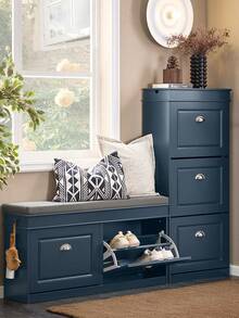 SoBuy Shoe Bench With Seat, Storage Bench With 2 Flaps, Narrow Shoe Cabinet With Seat & Shoe Rack, Space-Saving Shoe Storage For Hallways & Small Rooms, 104x52x24cm, Blue, FSR64-B - Blue - View 2