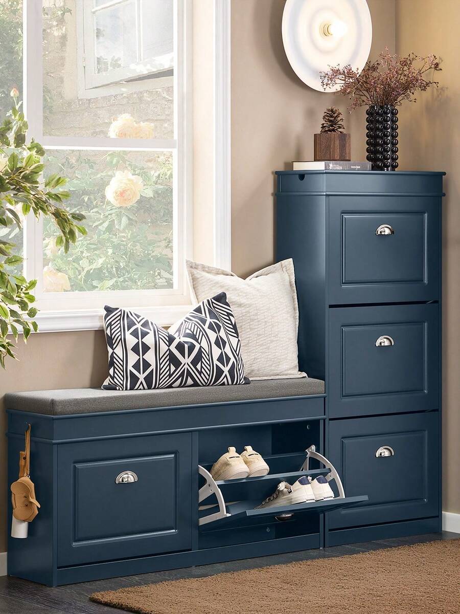 SoBuy Shoe Bench With Seat, Storage Bench With 2 Flaps, Narrow Shoe Cabinet With Seat & Shoe Rack, Space-Saving Shoe Storage For Hallways & Small Rooms, 104x52x24cm, Blue, FSR64-B
