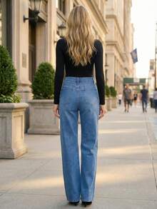 Women's High Waist Straight Leg Jeans Relaxed Fit Vintage Light Wash Full Length Denim Pants For Casual Daily Wear - 藍色 - 查看 4